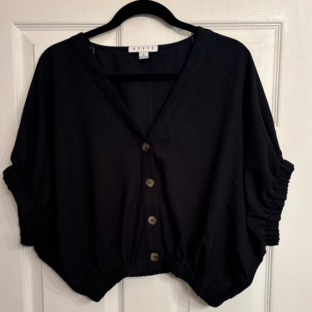 HYFVE Black Cropped Button-Front Dolman Sleeve Top